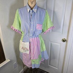 Patchwork upcycled womens dress shirts, vintage doilies &  lace.  Shacket.  M/L‎